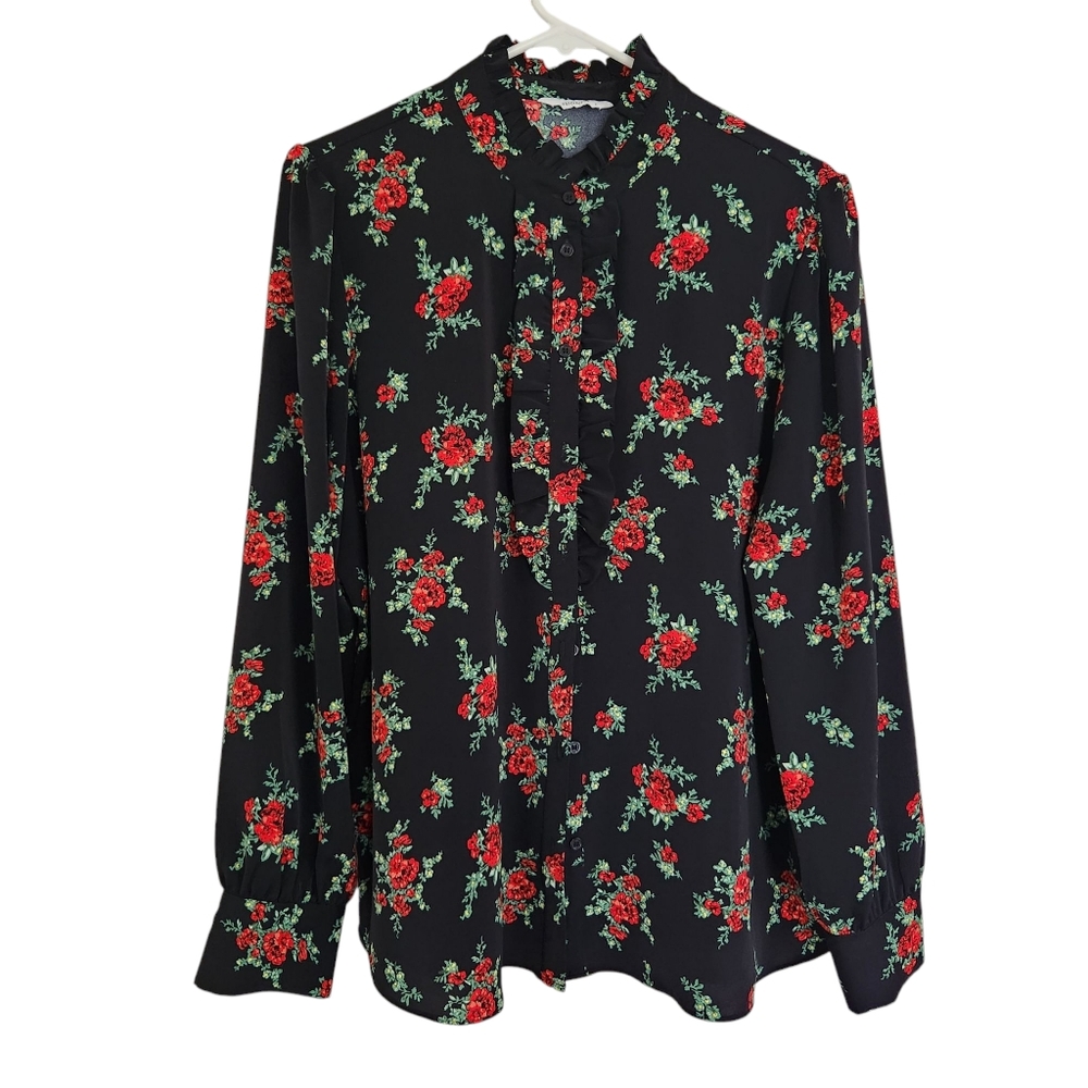 Black and Red Floral Blouse Size Large, Ruffled Neck and Ruffled Bodice Ricki's